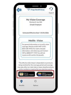 My FBG mobile app showing a vision coverage card with Apple Wallet and Google Wallet buttons