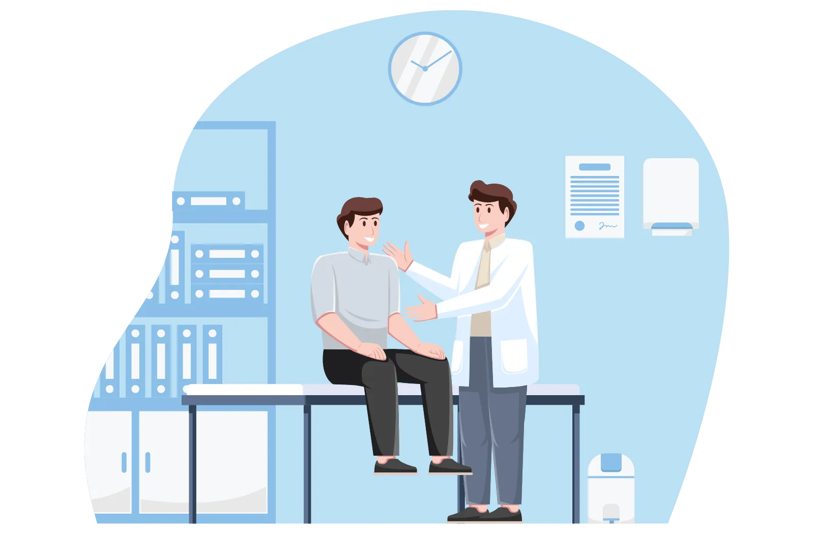 Illustration of a doctor talking with a patient in an exam room