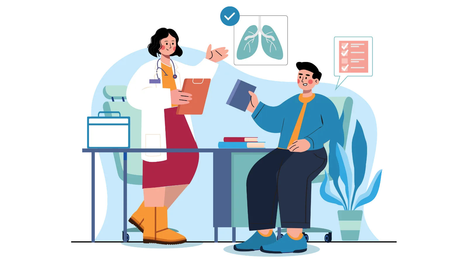 Clinician reviewing a chart with a patient in an exam room