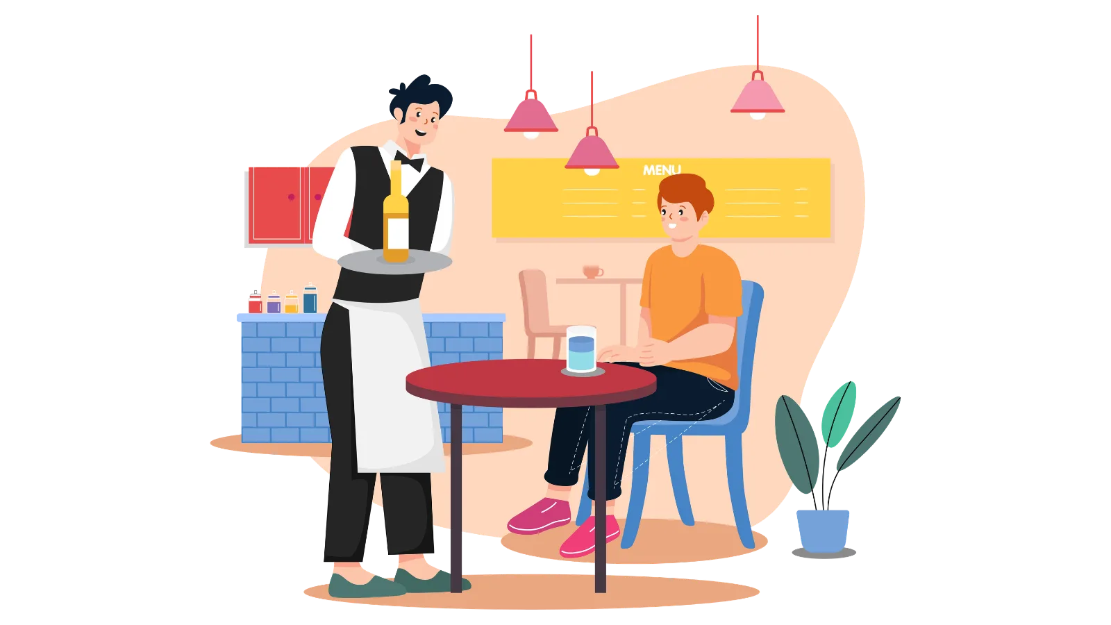 Restaurant server bringing a bottle to a seated guest