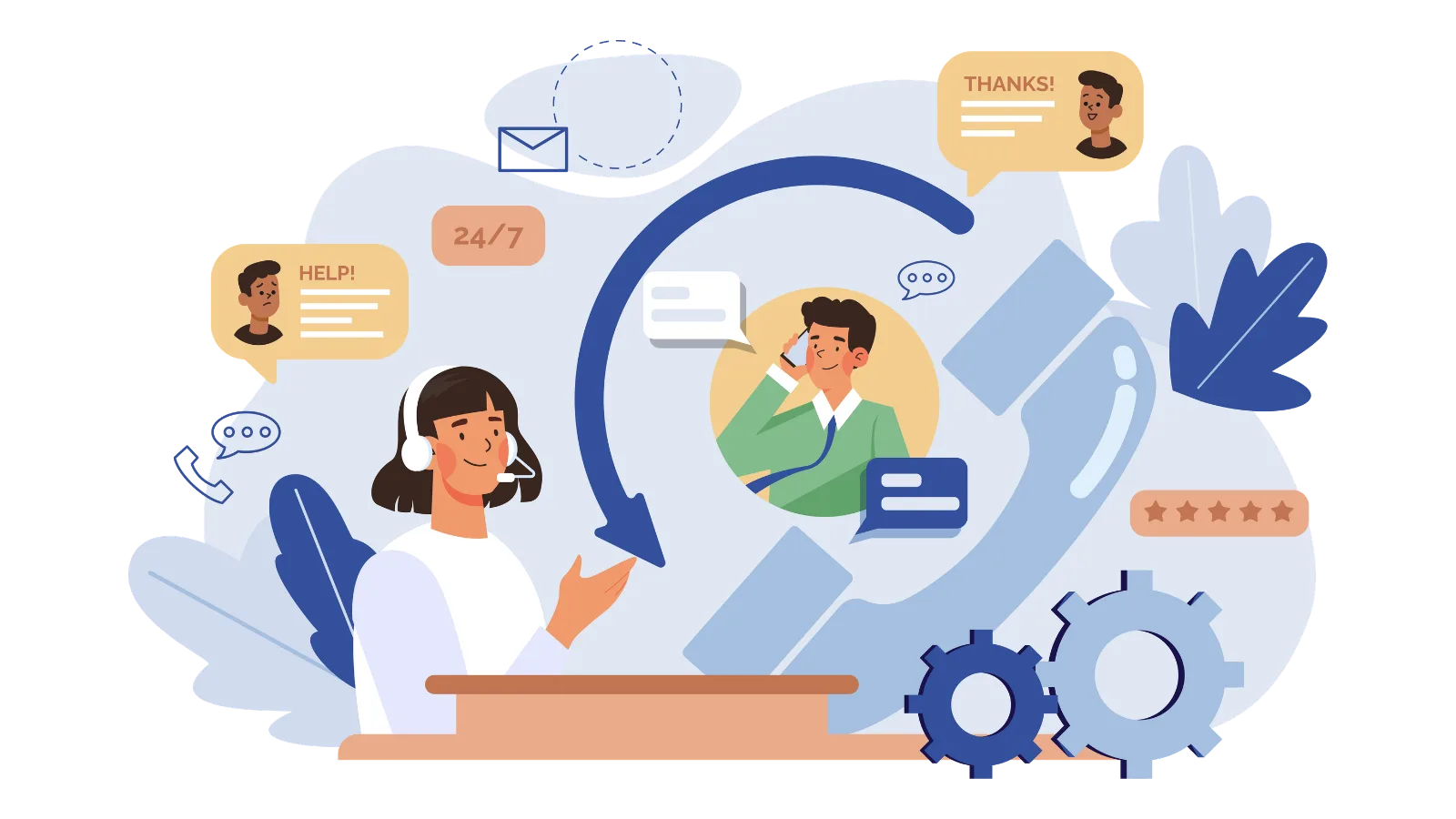 Support agent with headset connecting workers across channels
