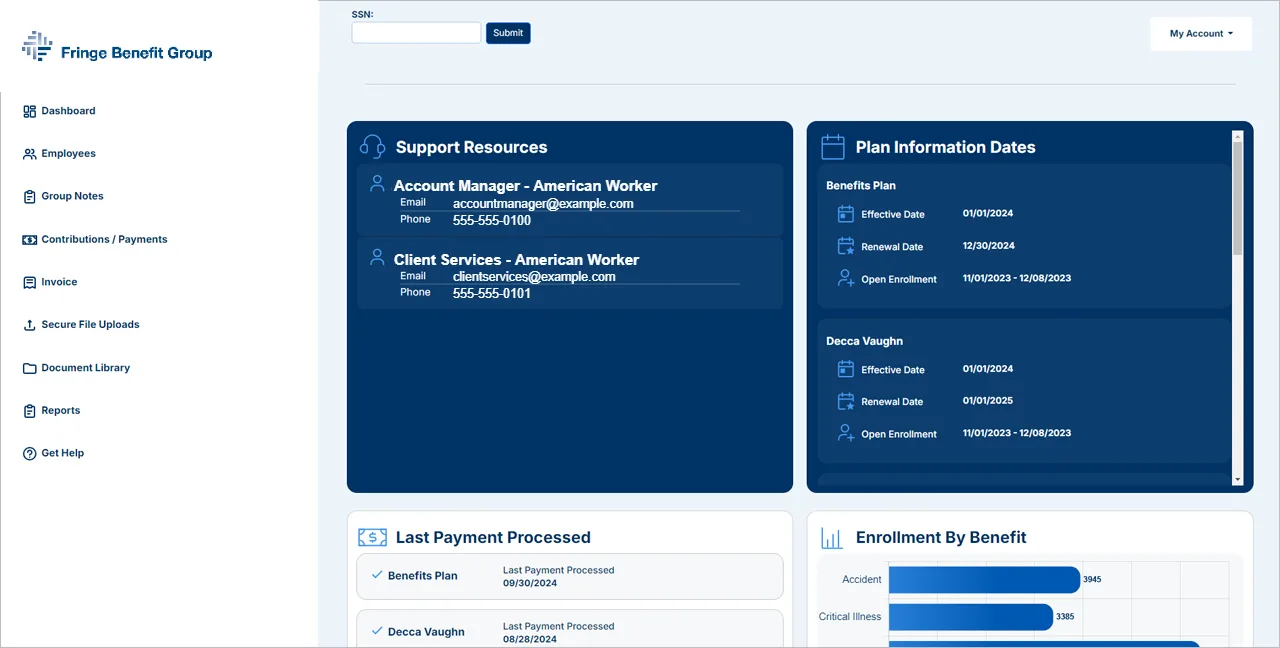 Employer portal dashboard showing support resources, plan information dates, last payment processed and enrollment by benefit.