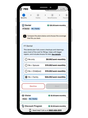 Member portal enrollment screen on a phone, showing dental plan options
